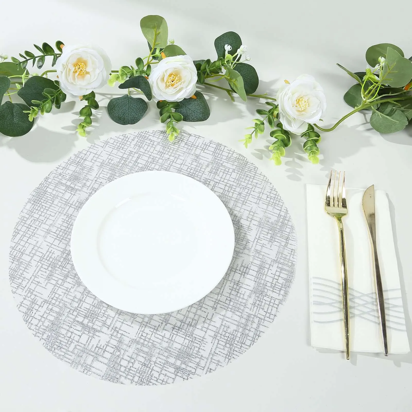 10 Pack Metallic Silver Glitter Mesh Round Placemats, 13" Polyester Dining Table Mats