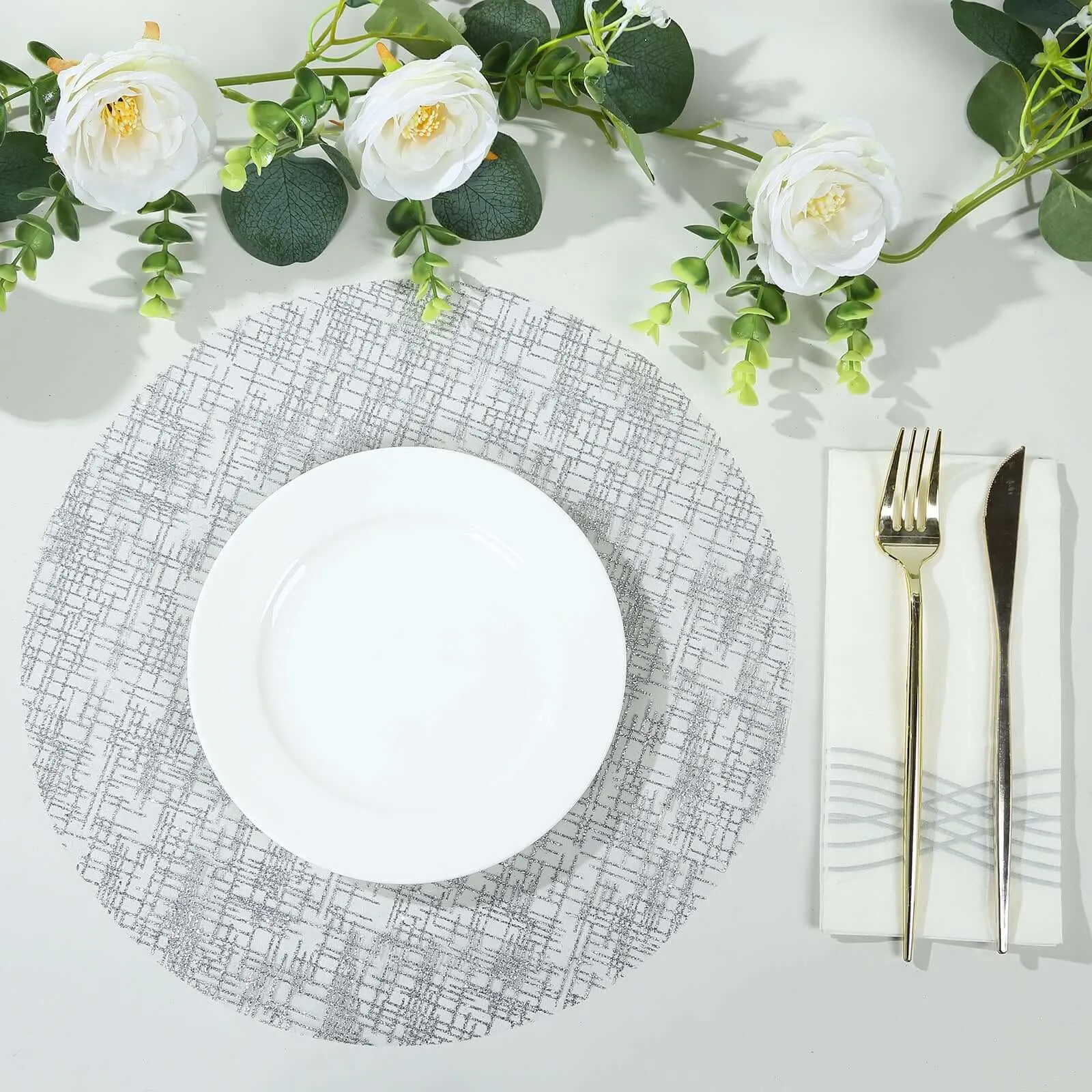 10 Pack Metallic Silver Glitter Mesh Round Placemats, 13" Polyester Dining Table Mats