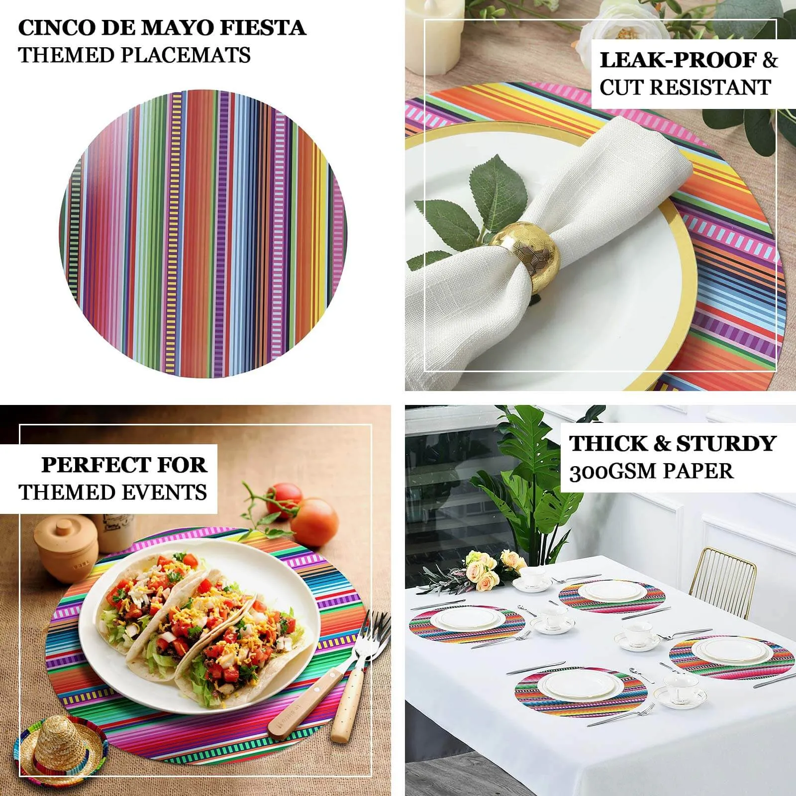 10 Pack Mexican Serape Fiesta Paper Placemats, 13" Round Cinco De Mayo Party Theme Disposable Dining Table Mats - 300 GSM