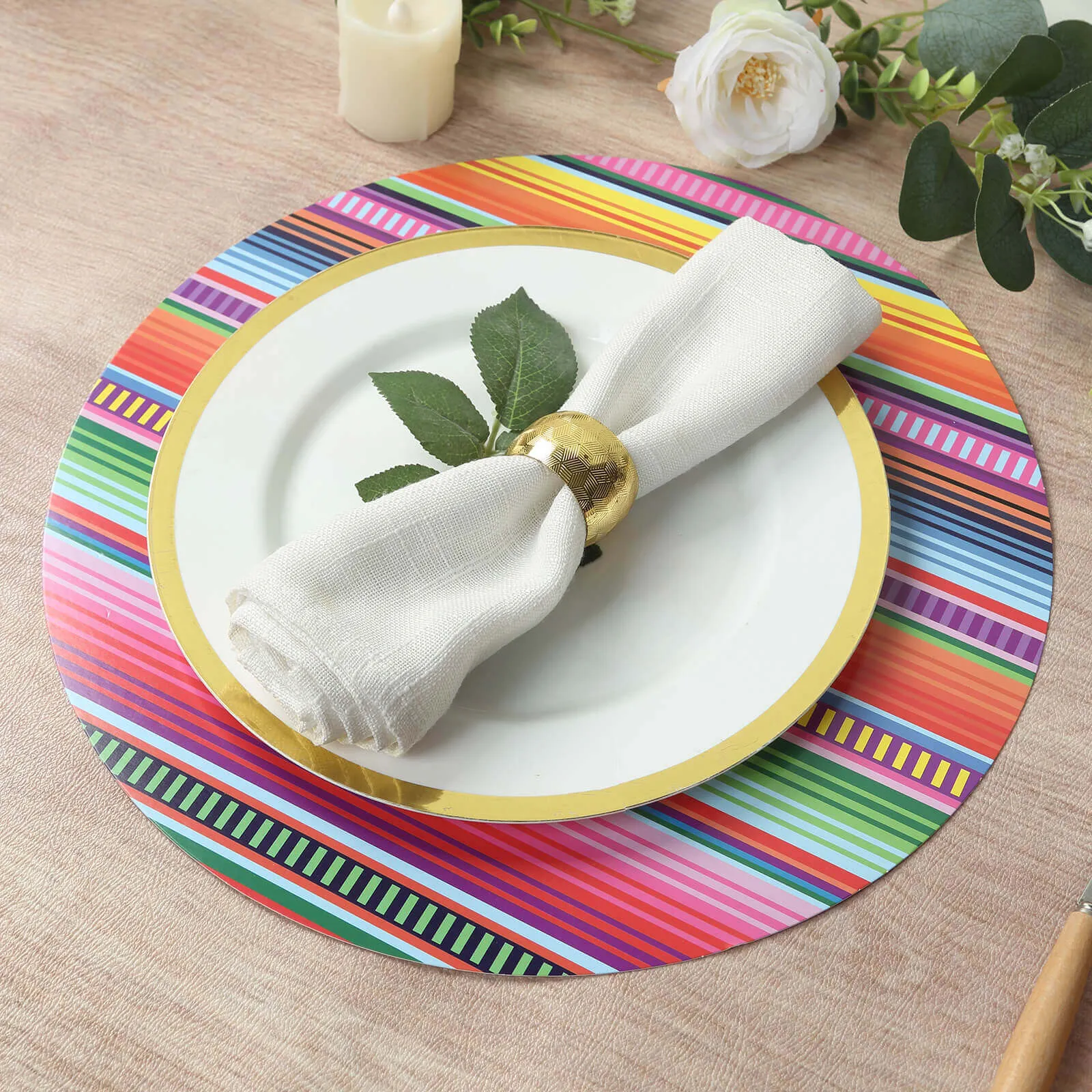 10 Pack Mexican Serape Fiesta Paper Placemats, 13" Round Cinco De Mayo Party Theme Disposable Dining Table Mats - 300 GSM