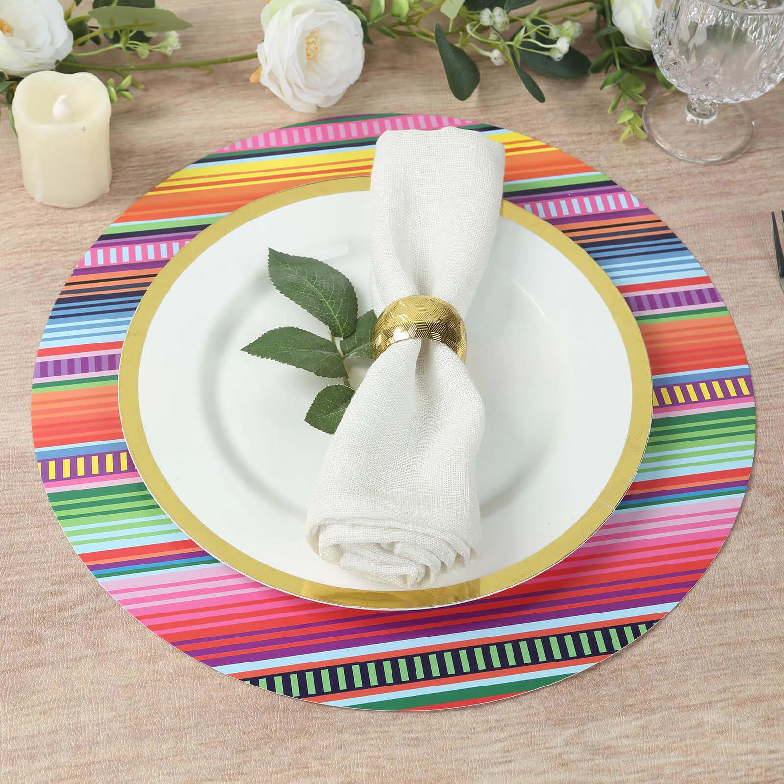 10 Pack Mexican Serape Fiesta Paper Placemats, 13" Round Cinco De Mayo Party Theme Disposable Dining Table Mats - 300 GSM