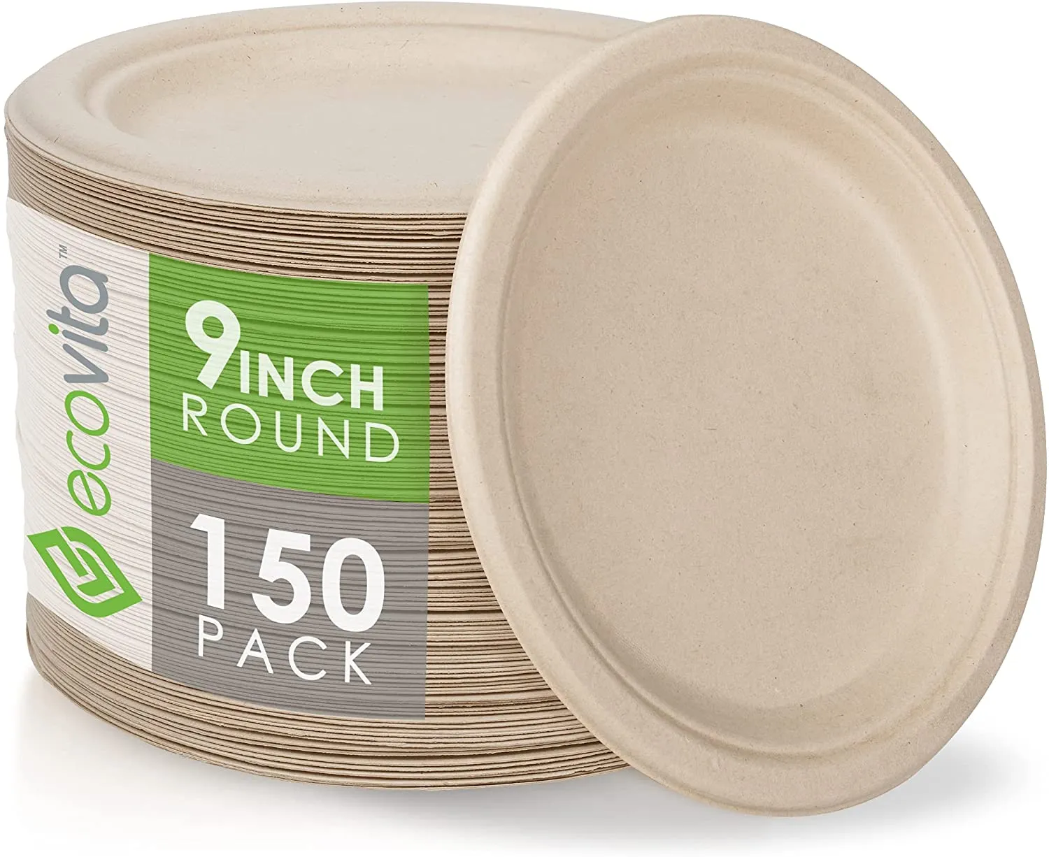 100% Compostable Paper Plates, Disposable Plates Eco Friendly Plates, 9 Inches 150 Pcs