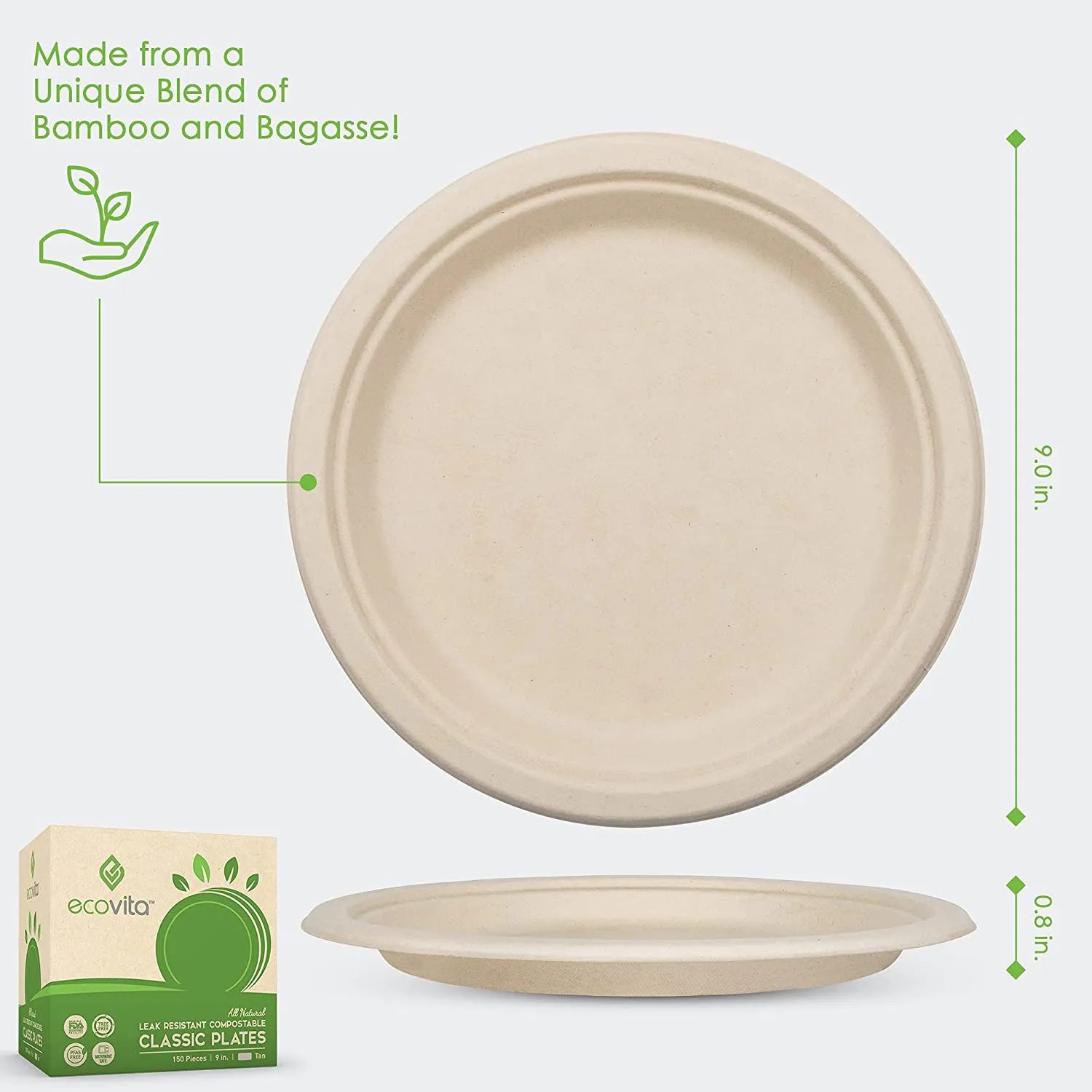 100% Compostable Paper Plates, Disposable Plates Eco Friendly Plates, 9 Inches 150 Pcs