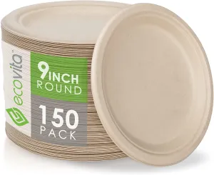 100% Compostable Paper Plates, Disposable Plates Eco Friendly Plates, 9 Inches 150 Pcs