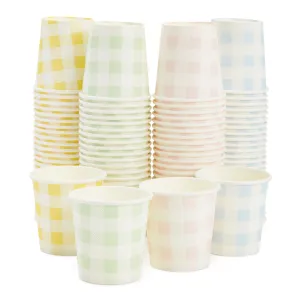 100 Pack Disposable Mini Paper Cups for Espresso, Mouthwash, Coffee (4oz, 4 Gingham Designs)