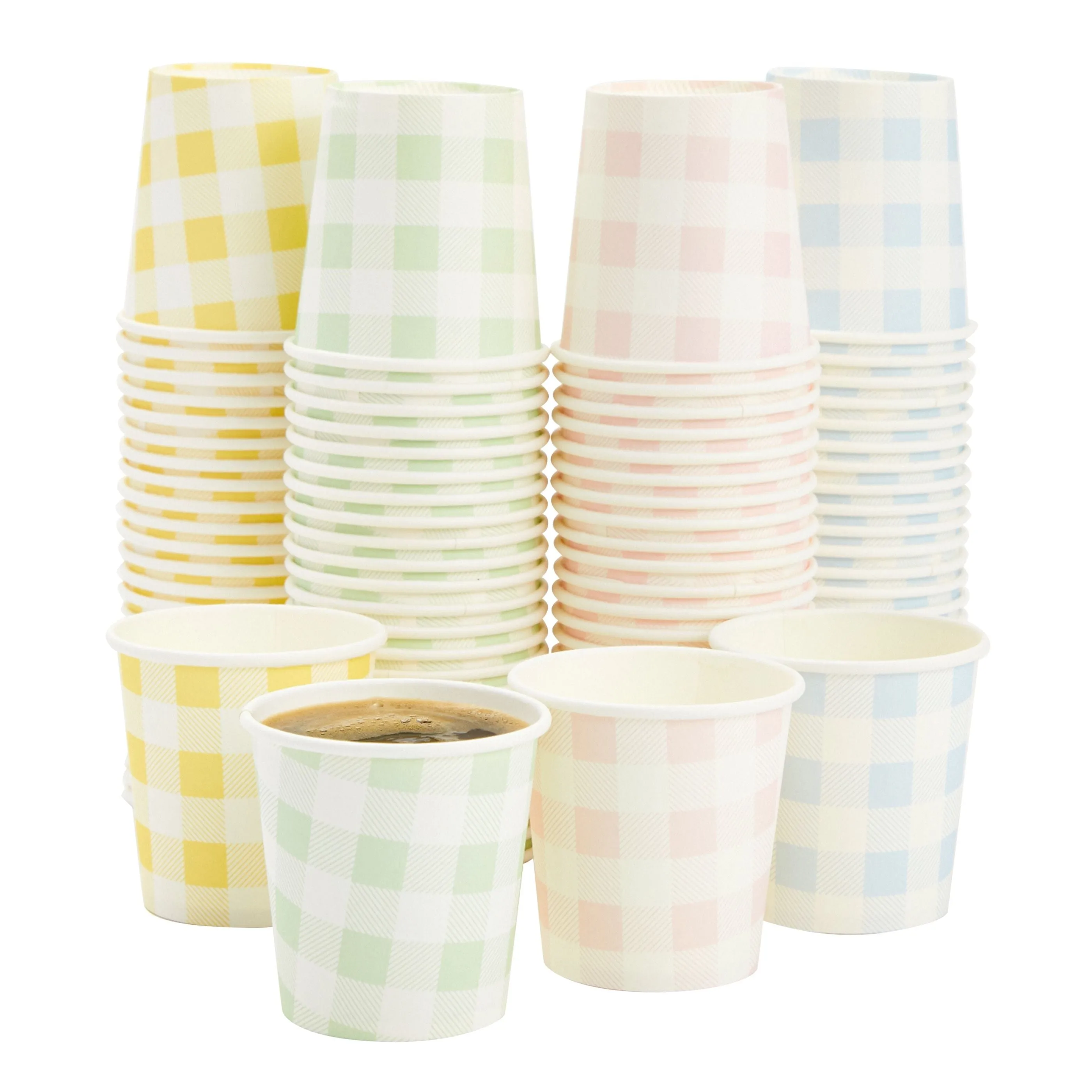 100 Pack Disposable Mini Paper Cups for Espresso, Mouthwash, Coffee (4oz, 4 Gingham Designs)