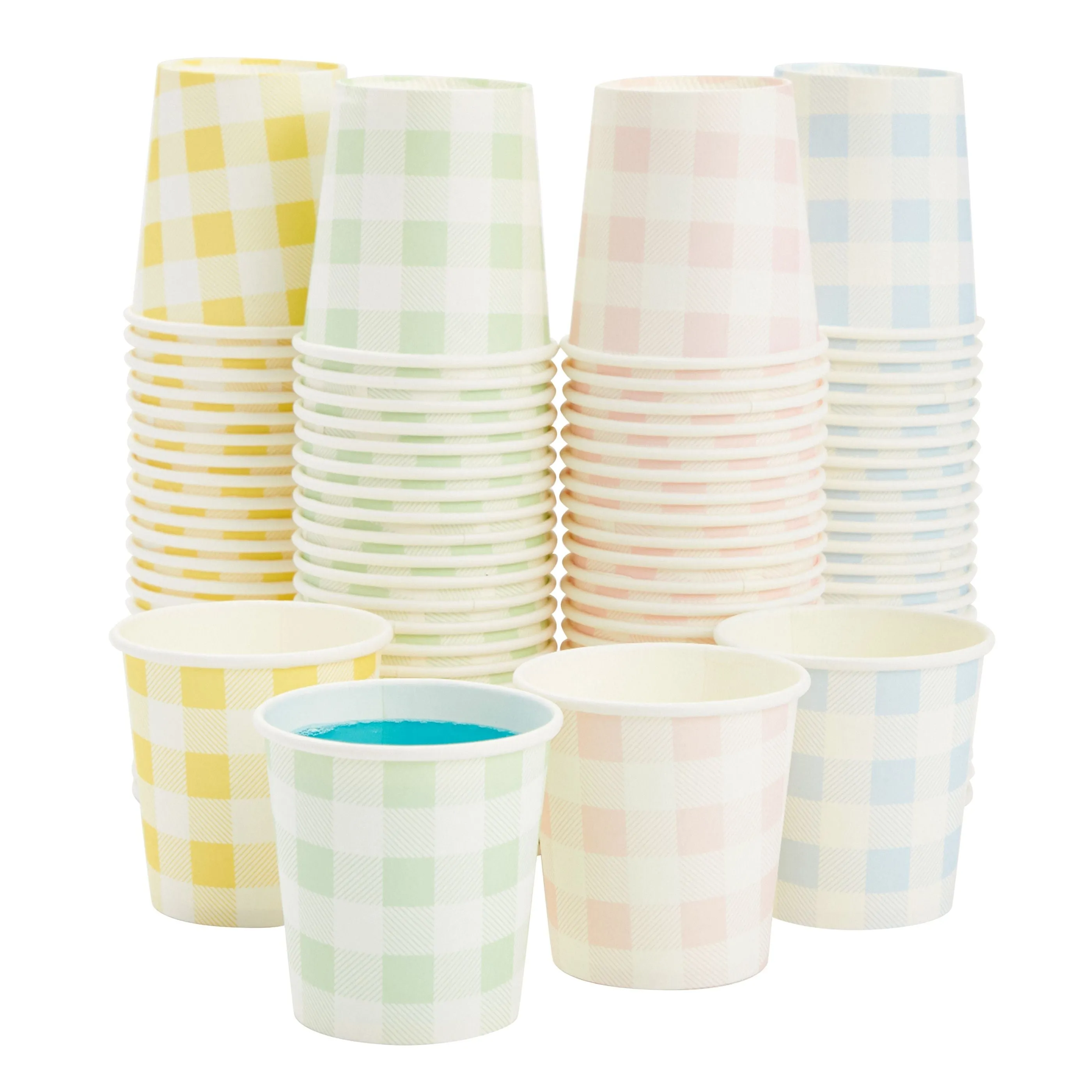 100 Pack Disposable Mini Paper Cups for Espresso, Mouthwash, Coffee (4oz, 4 Gingham Designs)