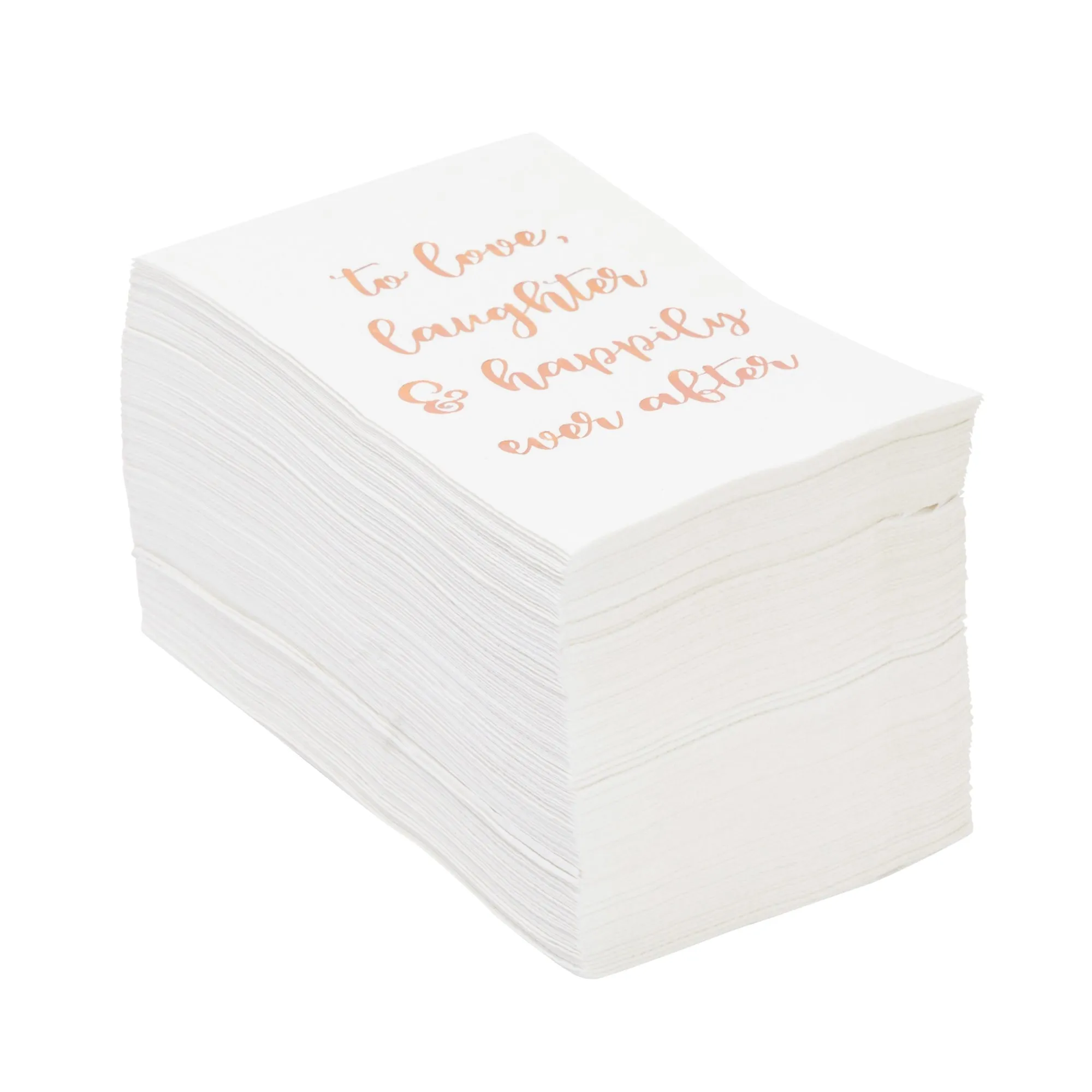 100 Pack Wedding Napkins with Gold Foil Lettering, To Love, Laughter and Happily Ever After (White, 4 x 8 In)