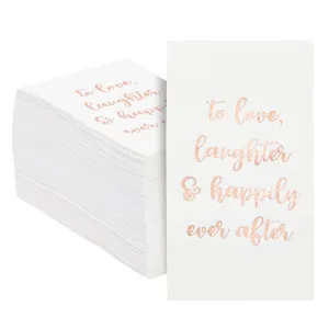 100 Pack Wedding Napkins with Gold Foil Lettering, To Love, Laughter and Happily Ever After (White, 4 x 8 In)