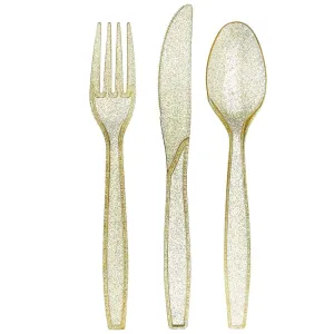 180 Gold Plastic Silverware Cutlery Set, Glitter Gold Utensils, Plastic Cutlery