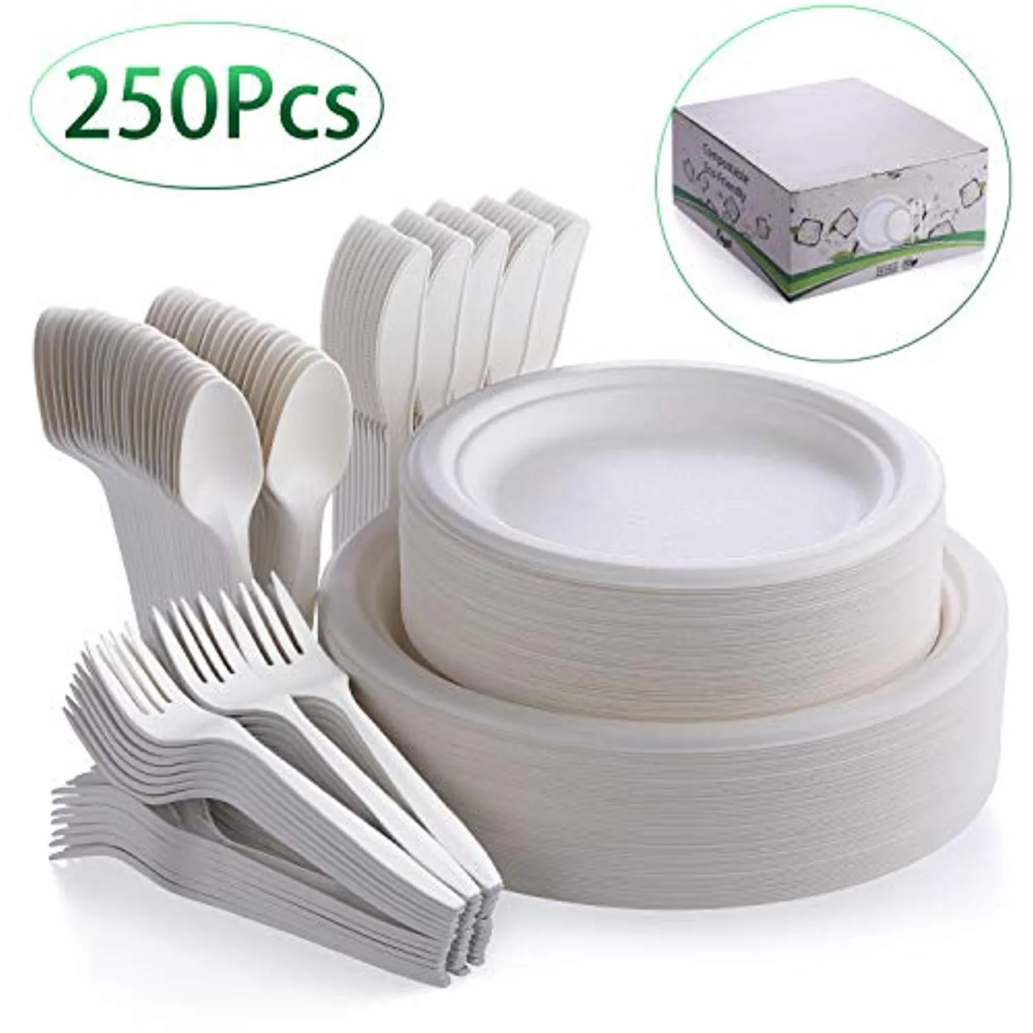 250 Pcs Disposable Dinnerware Set, Compostable Sugarcane Cutlery Eco-Friendly