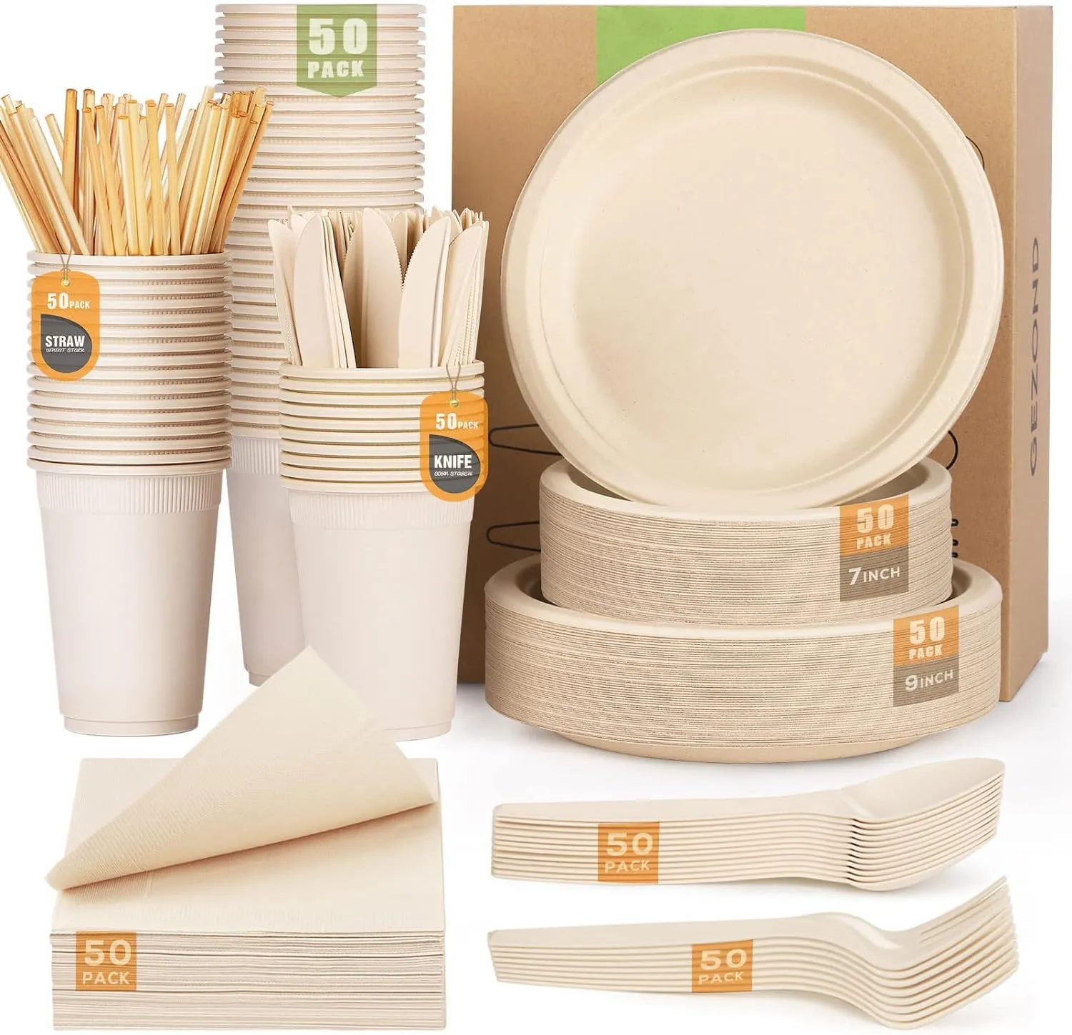 350 Pcs Compostable Paper Plates Set, Eco-friendly Heavy-duty Disposable Cutlery, Biodegradable Forks, Knives, Spoons, Cups and Straws