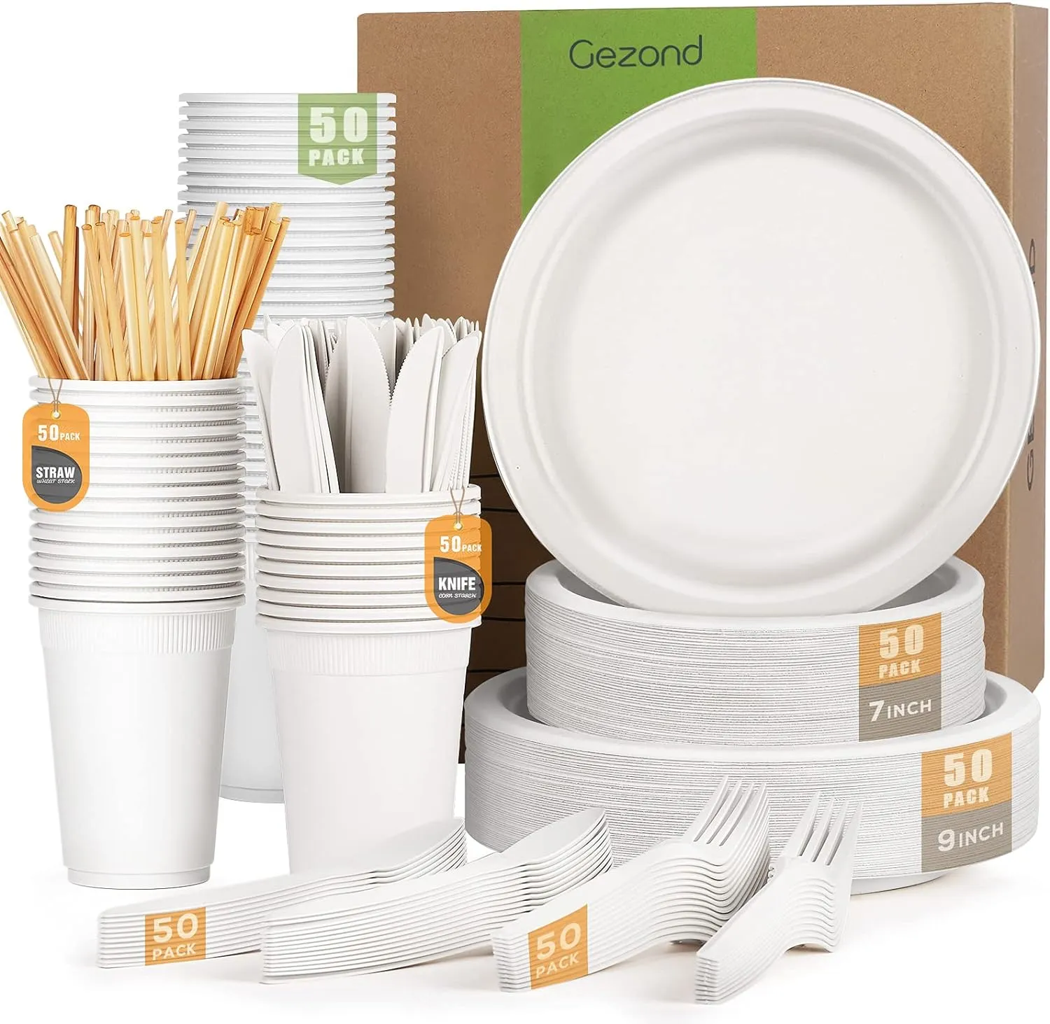 350 Pcs Compostable Paper Plates Set, Eco-friendly Heavy-duty Disposable Cutlery, Biodegradable Forks, Knives, Spoons, Cups and Straws