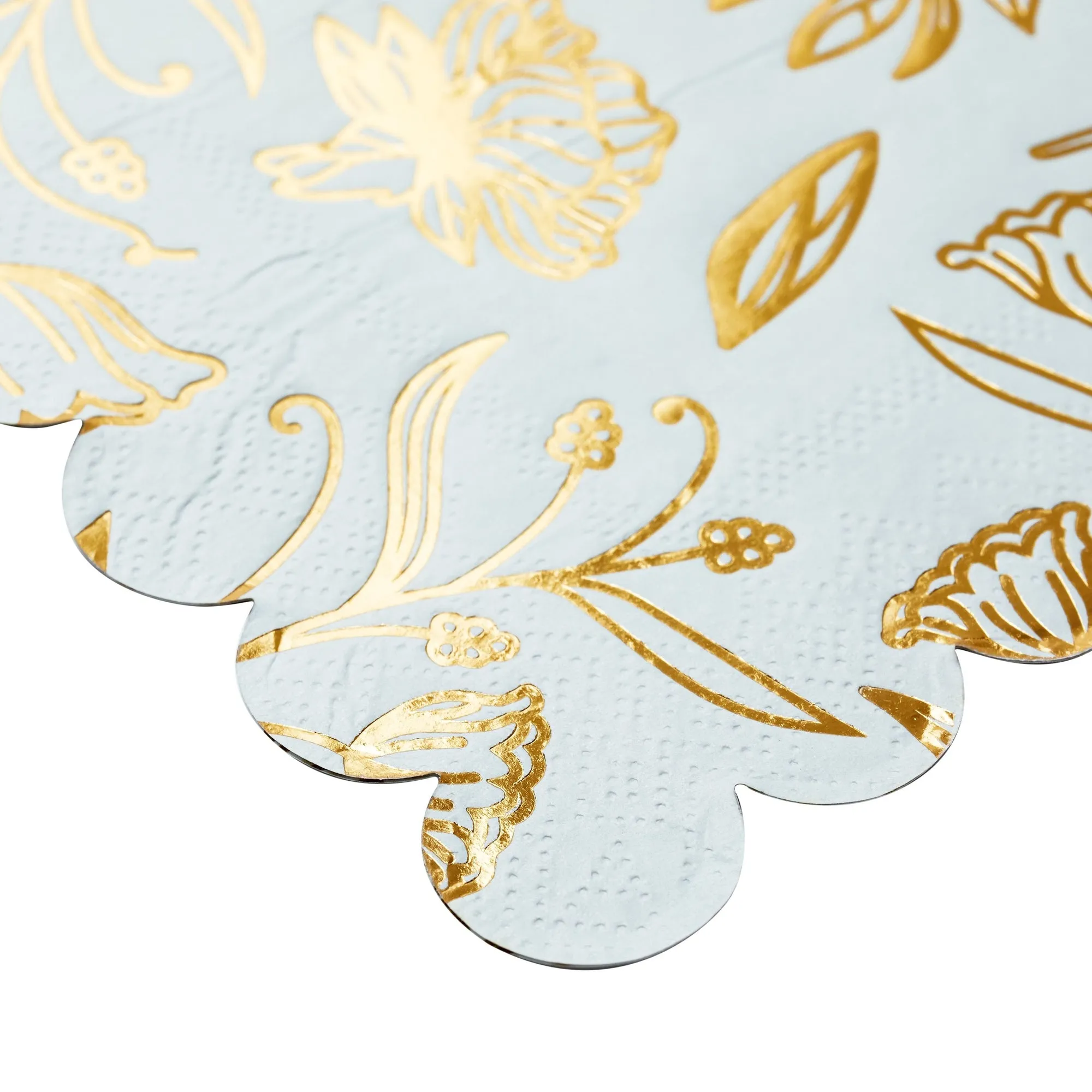 50-Pack Blue Paper Napkins with Gold Foil Floral Design and Scalloped Edges for Weddings, Baby Showers, and Bridal Showers (3-Play, 5x5 in)