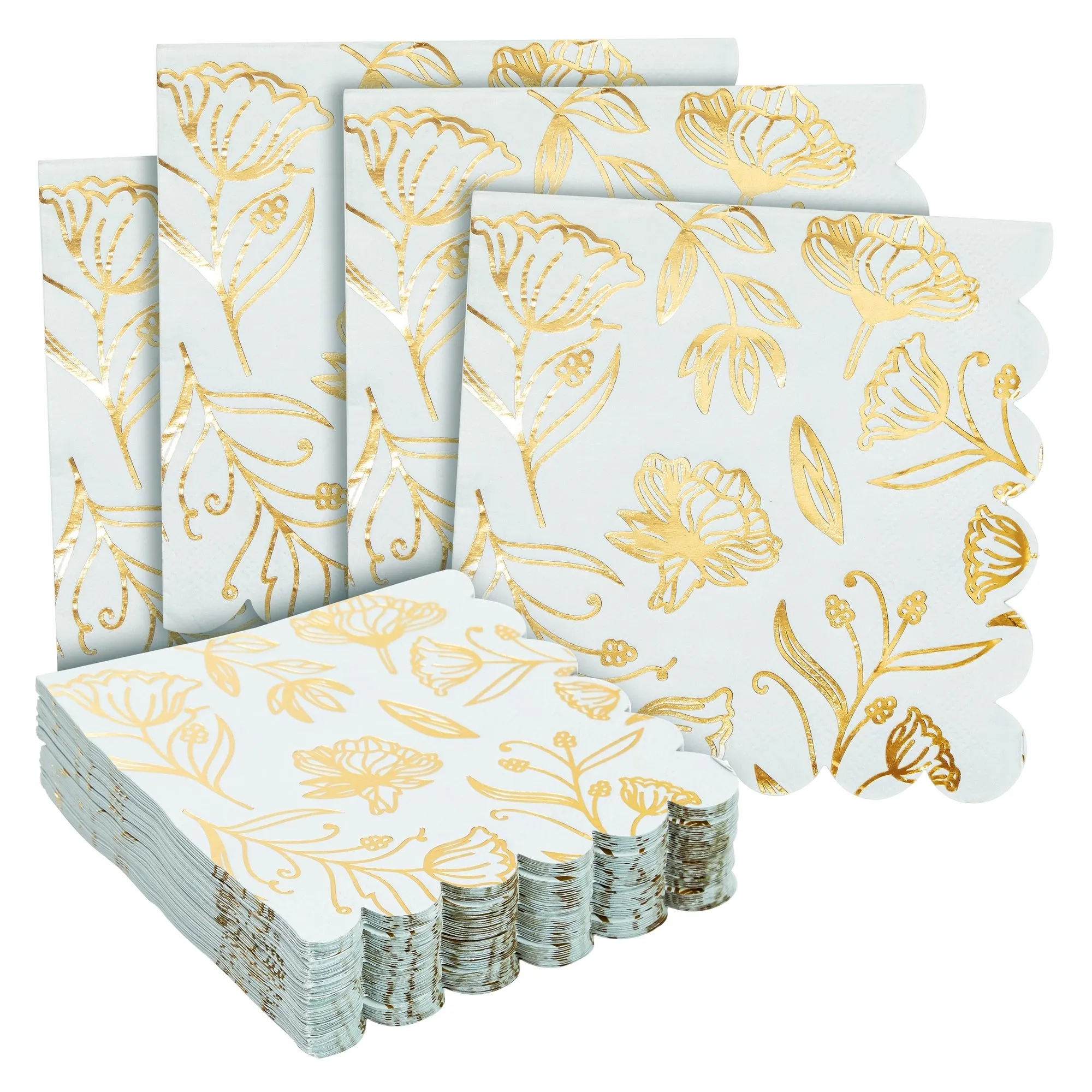 50-Pack Blue Paper Napkins with Gold Foil Floral Design and Scalloped Edges for Weddings, Baby Showers, and Bridal Showers (3-Play, 5x5 in)