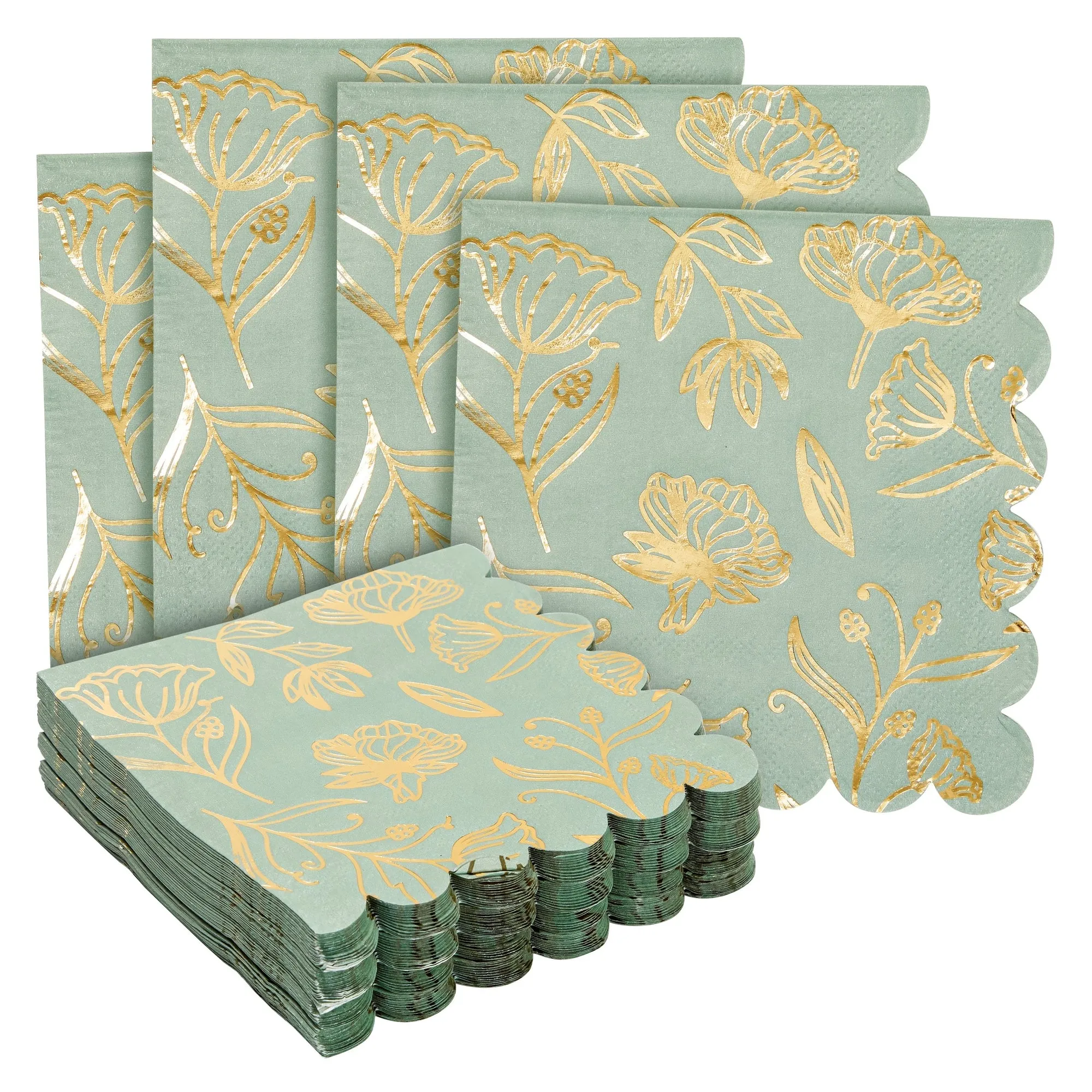 50-Pack Green Paper Napkins with Gold Foil Floral Design and Scalloped Edges for Weddings, Baby Showers, and Bridal Showers (3-Play, 5x5 in)