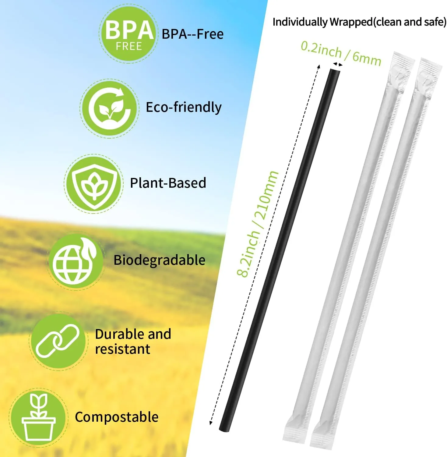 Biodegradable Compostable Individually Wrapped Straws, PLA Disposable Plant Based Eco Friendly Straws 8.25" Long, 0.23" Wide