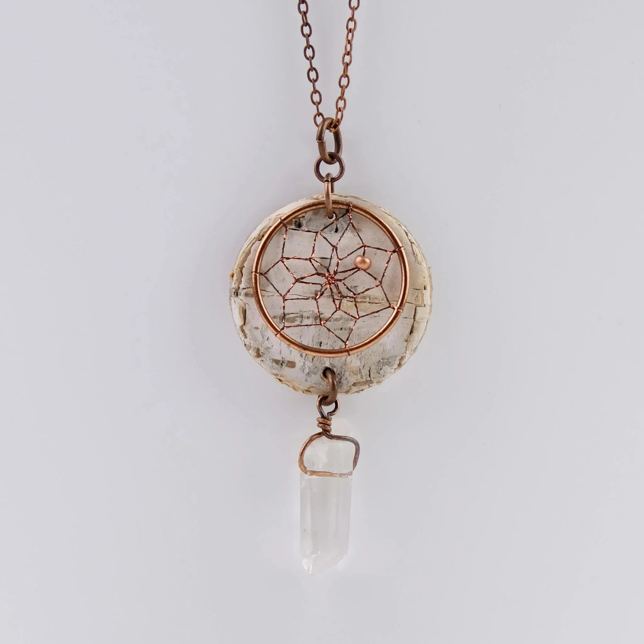 Birch Bark Pendant Necklace with Dream Catcher and Quartz Crystal