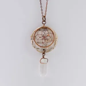 Birch Bark Pendant Necklace with Dream Catcher and Quartz Crystal