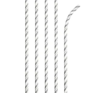 Bulk Silver and White Striped Flex Paper Straws (144 per Case)