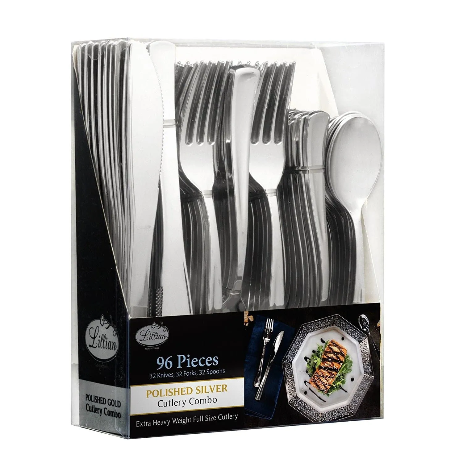 Cutlery Silverware Extra Heavyweight Disposable Flatware Combo Silver 96 Pieces