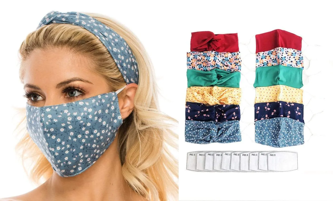 Fashion Fabric Reusable Mask with Adjustable Earloops with Matching Headband and 10 Free Filters