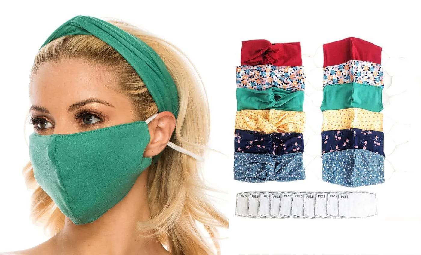 Fashion Fabric Reusable Mask with Adjustable Earloops with Matching Headband and 10 Free Filters