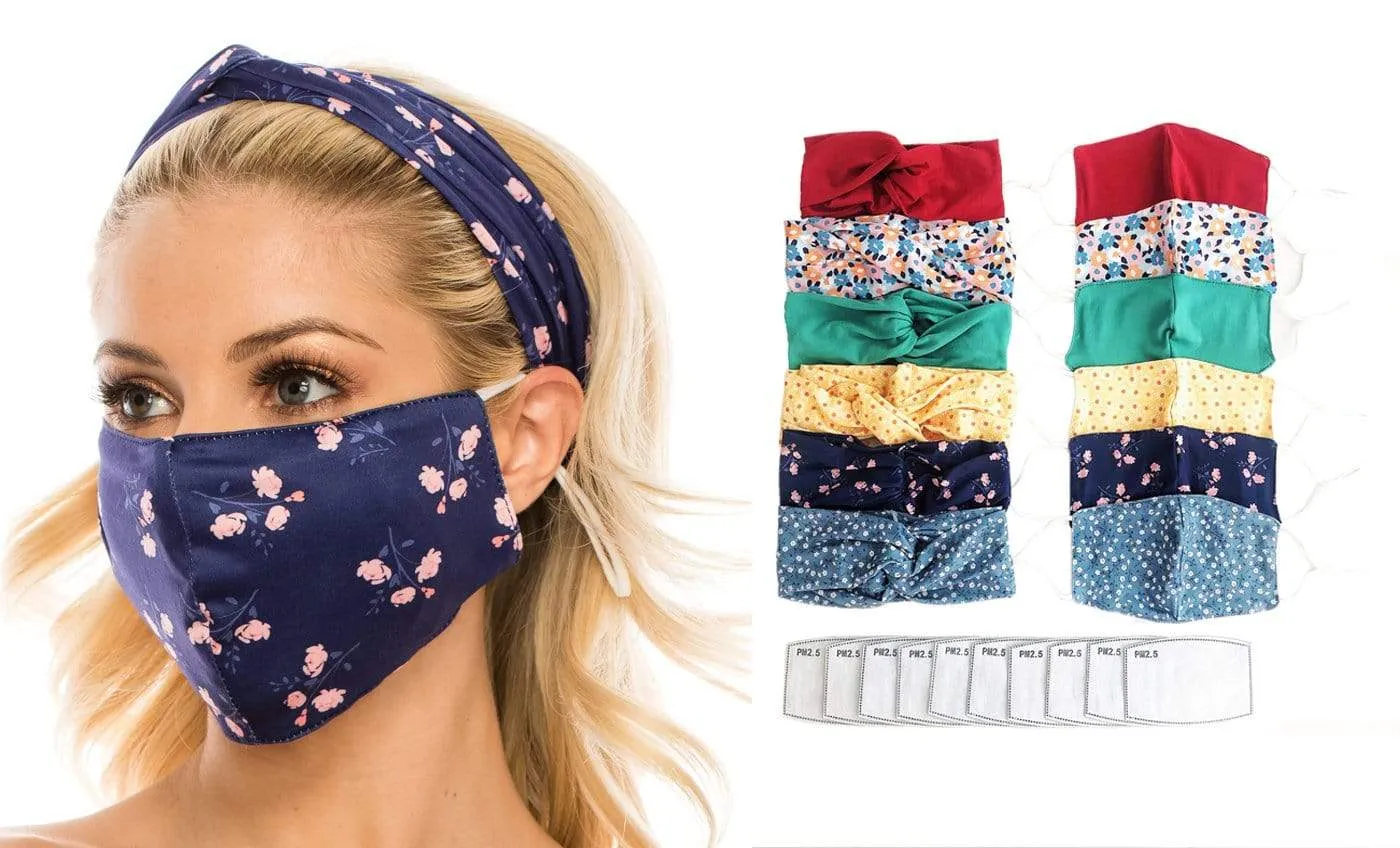 Fashion Fabric Reusable Mask with Adjustable Earloops with Matching Headband and 10 Free Filters