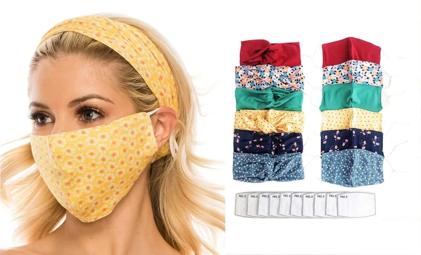 Fashion Fabric Reusable Mask with Adjustable Earloops with Matching Headband and 10 Free Filters