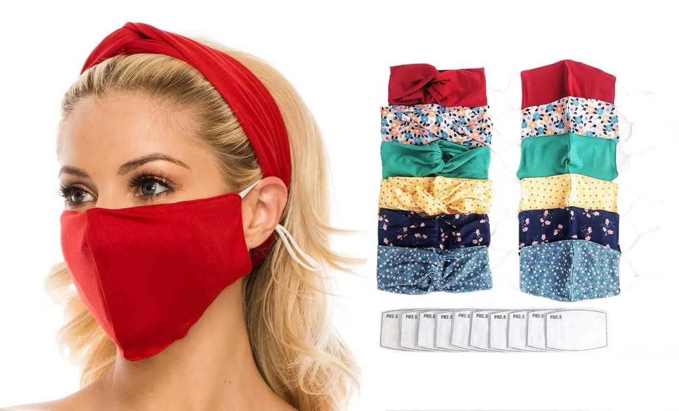 Fashion Fabric Reusable Mask with Adjustable Earloops with Matching Headband and 10 Free Filters