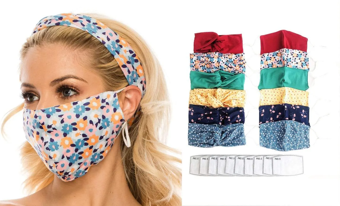 Fashion Fabric Reusable Mask with Adjustable Earloops with Matching Headband and 10 Free Filters