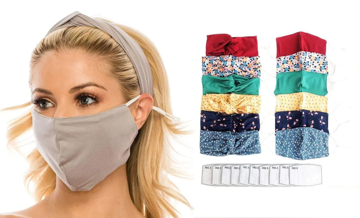 Fashion Fabric Reusable Mask with Adjustable Earloops with Matching Headband and 10 Free Filters