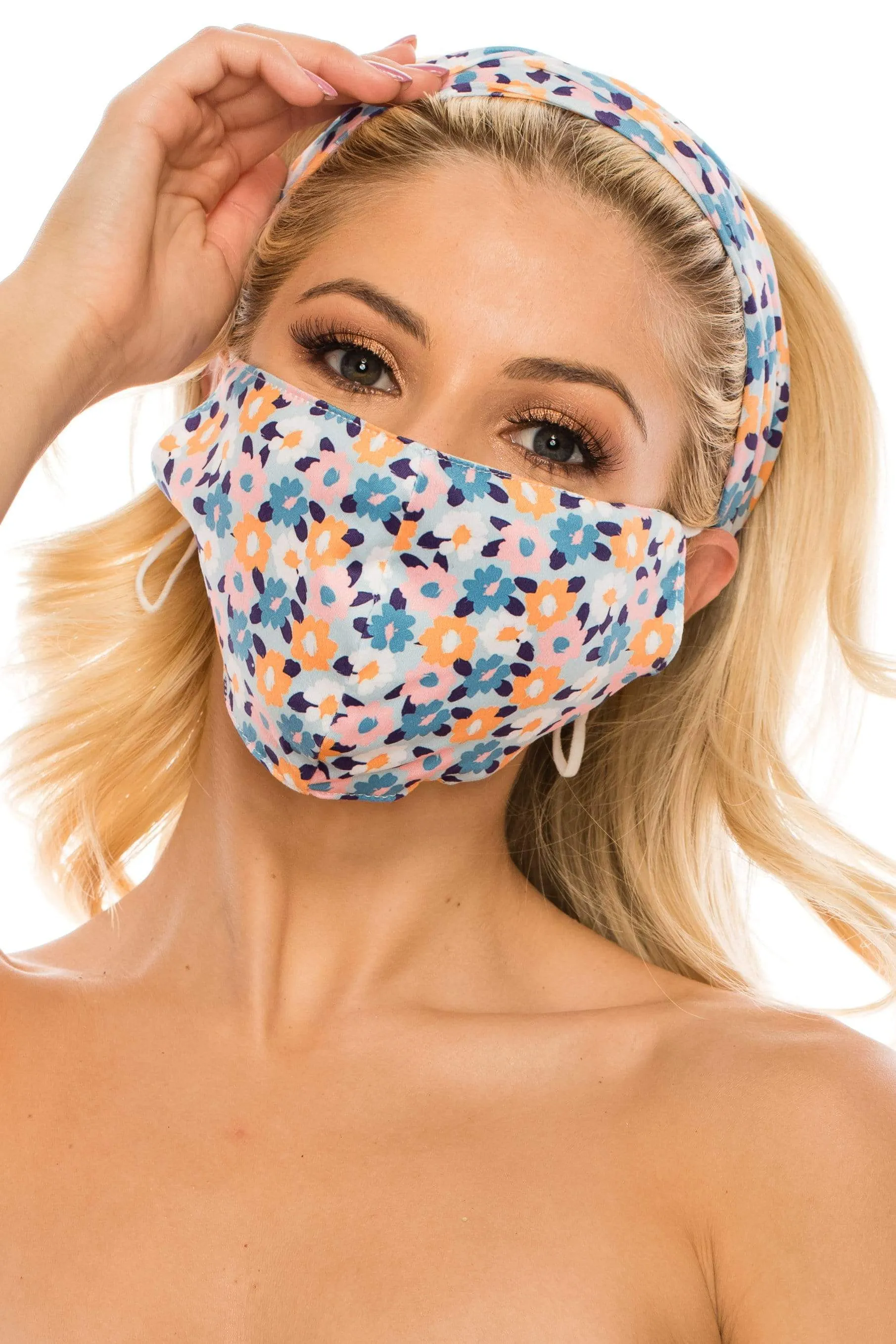 Fashion Fabric Reusable Mask with Adjustable Earloops with Matching Headband and 10 Free Filters