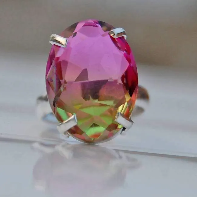 Green and Pink Tourmaline Silver Oval Ring