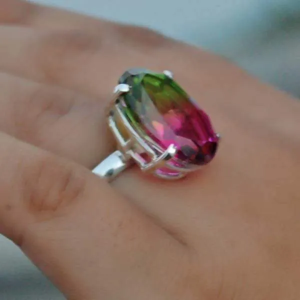 Green and Pink Tourmaline Silver Oval Ring