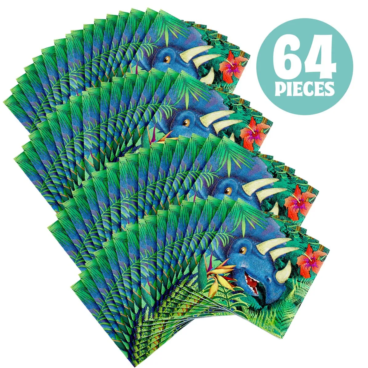 Kicko Dinosaur Paper Napkins - 64 Pack - 6.45 x 6.45 Inches - Disposable Dinner