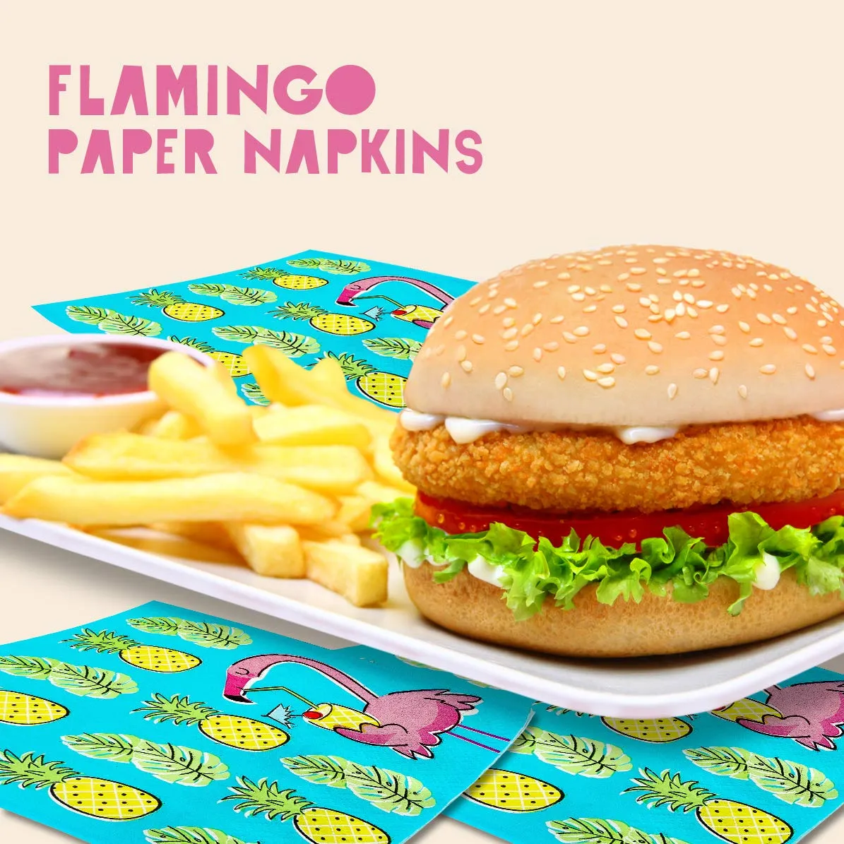 Kicko Tropical Paper Napkins - 64 Pack, with Flamingos and Pineapples - 6.45 Inches