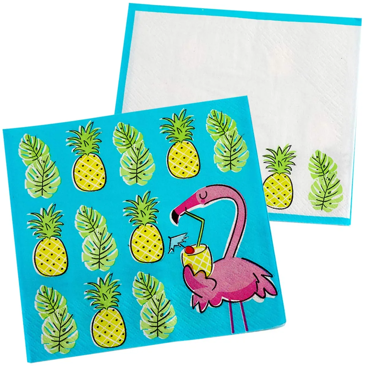 Kicko Tropical Paper Napkins - 64 Pack, with Flamingos and Pineapples - 6.45 Inches