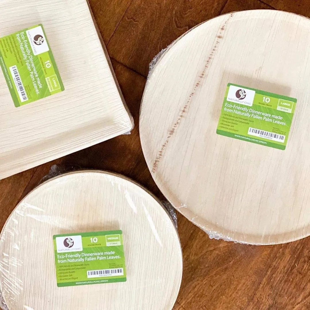 Naturally Chic Palm Leaf Compostable Serving Trays - 13” Round, Biodegradable Disposable Eco Friendly Bamboo Like Trays for Weddings, Parties, BBQs, Events (100 Pack)