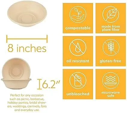 Paper Bowls for Soup Pasta Cereal Salad Ice Cream, Disposable Bamboo Large Bowls, Compostable, Biodegradable, Unbleached