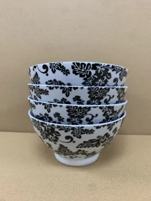 Set of 4 Bowls - Black & White Floral